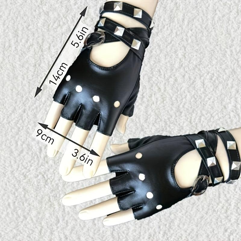 Rivet Punk Fingerless Gloves for Women Hollow Out Rock Stage Hip Hop Party