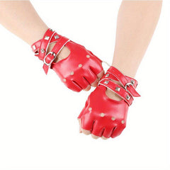 Rivet Punk Fingerless Gloves for Women Hollow Out Rock Stage Hip Hop Party