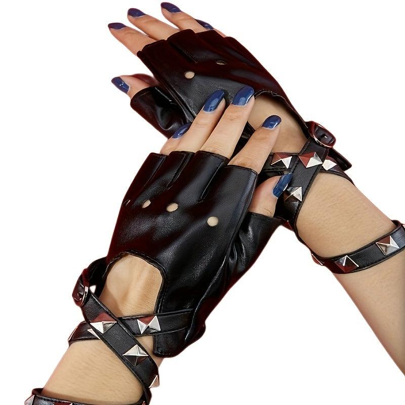 Rivet Punk Fingerless Gloves for Women Hollow Out Rock Stage Hip Hop Party