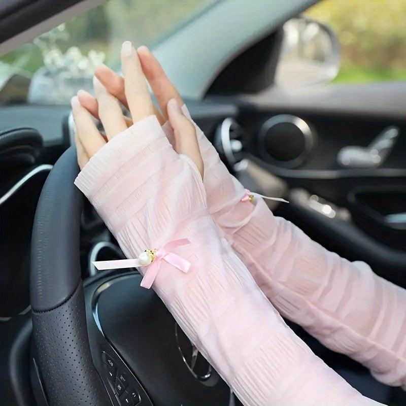 Lace Long Gloves Faux Pearl Decor Wedding Bridal Women Sunscreen Ice Sleeves