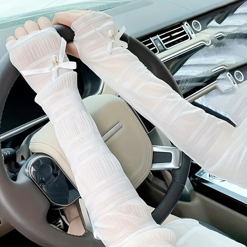 Lace Long Gloves Faux Pearl Decor Wedding Bridal Women Sunscreen Ice Sleeves