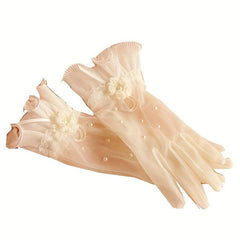 Ruffles Lace Short Gloves Bow Faux Pearl Decor Gloves Wedding Dress