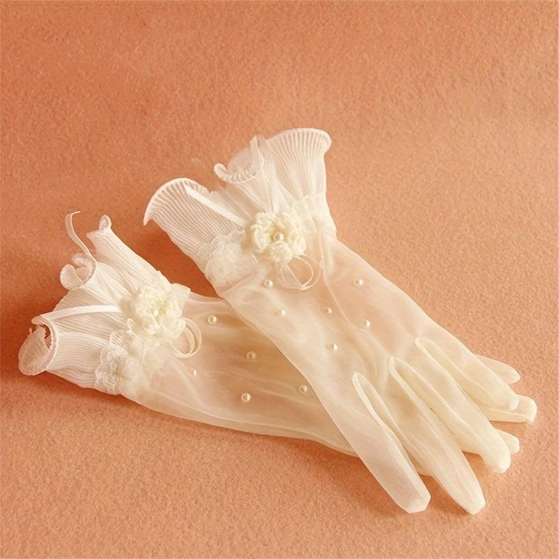 Ruffles Lace Short Gloves Bow Faux Pearl Decor Gloves Wedding Dress