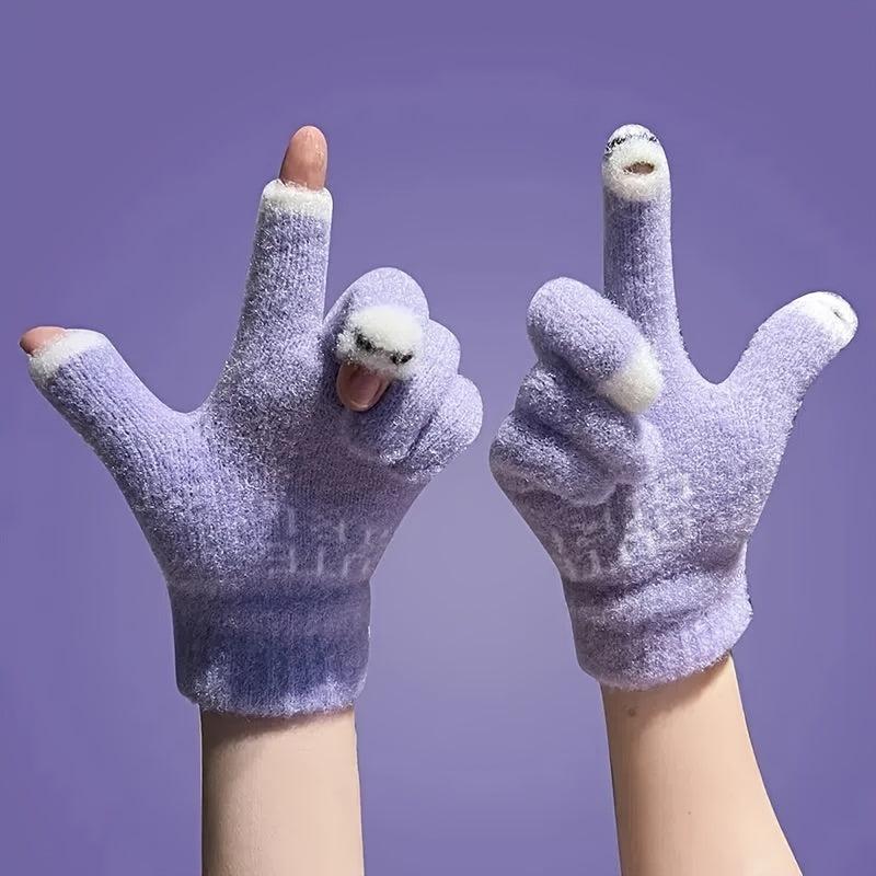 Soft Plush Fingerless Gloves Thick Knit Solid Short Touchscreen Gloves