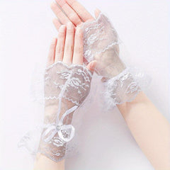 Bowknot Lace Gloves Solid Vintage Lolita Fingerless Gloves Thin Breathable Mesh