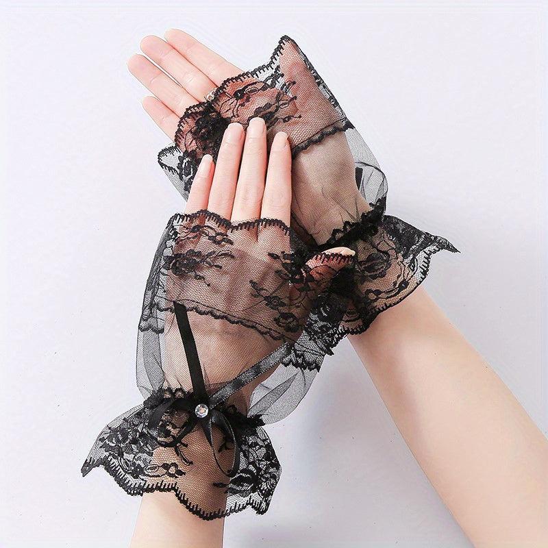 Bowknot Lace Gloves Solid Vintage Lolita Fingerless Gloves Thin Breathable Mesh