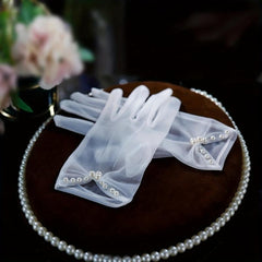 Ruched Bow Gloves Faux Pearl Decor Short Gloves