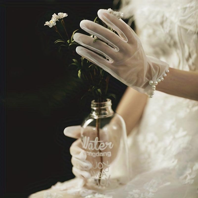 Ruched Bow Gloves Faux Pearl Decor Short Gloves