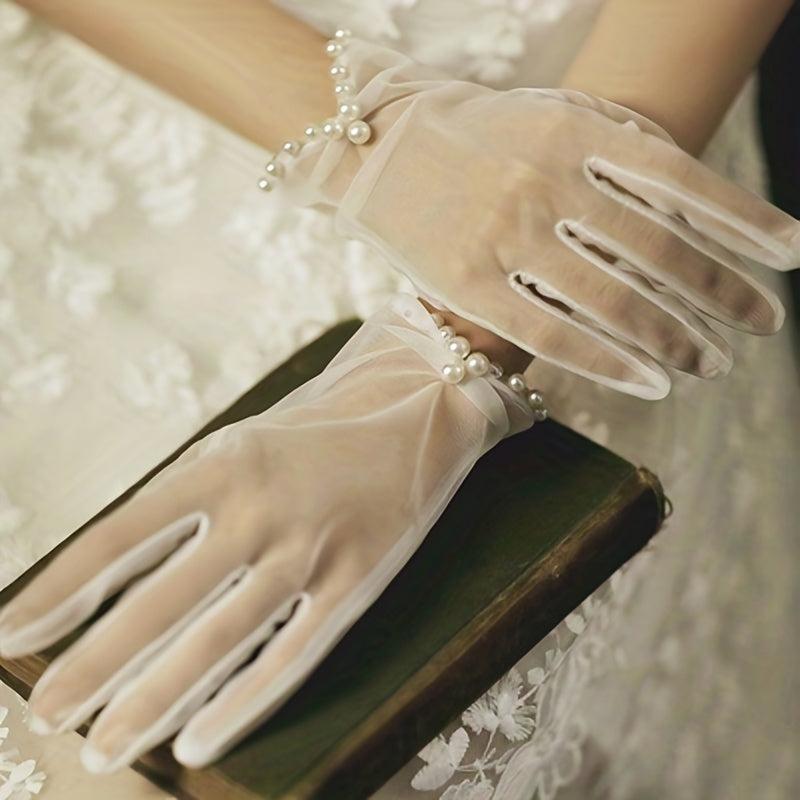 Ruched Bow Gloves Faux Pearl Decor Short Gloves