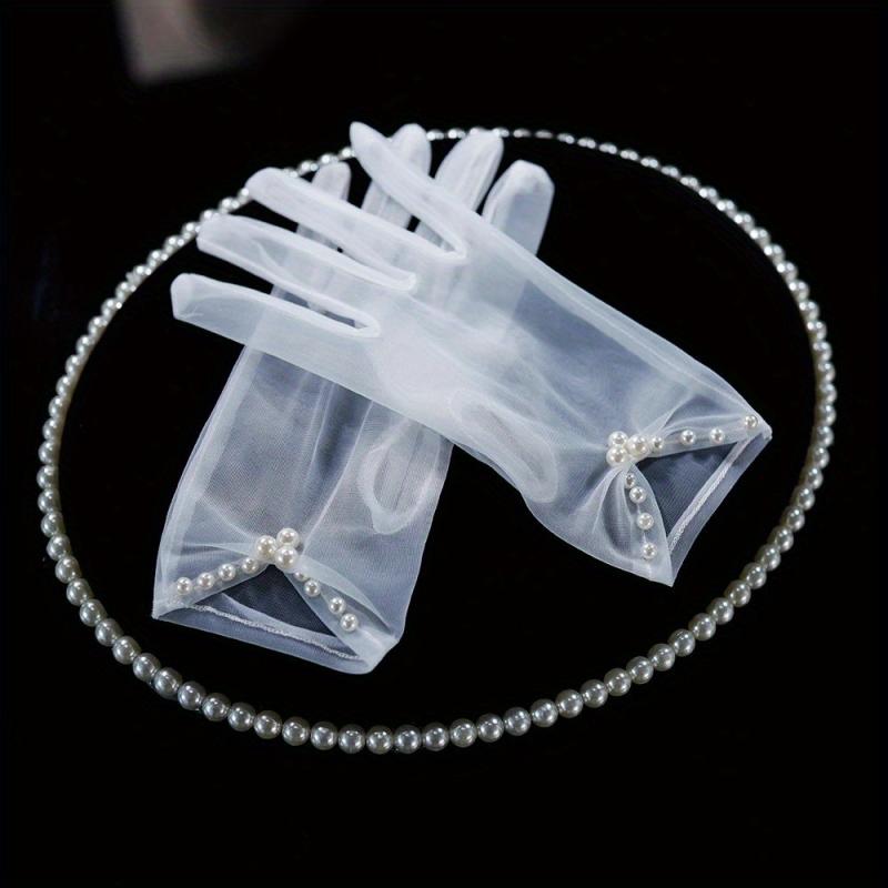 Ruched Bow Gloves Faux Pearl Decor Short Gloves