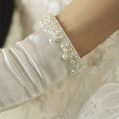 Bride Wedding Gloves Short Satin Soft Gloves Pearl Decoration Gloves