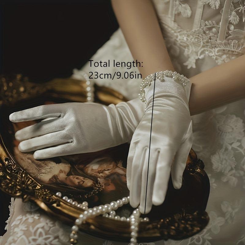 Bride Wedding Gloves Short Satin Soft Gloves Pearl Decoration Gloves