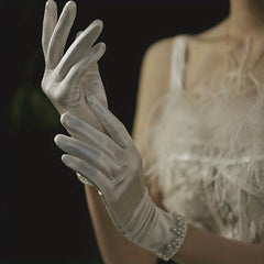 Bride Wedding Gloves Short Satin Soft Gloves Pearl Decoration Gloves