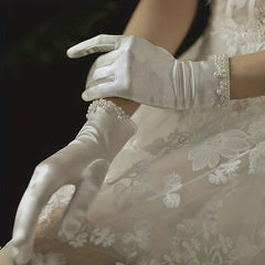 Bride Wedding Gloves Short Satin Soft Gloves Pearl Decoration Gloves