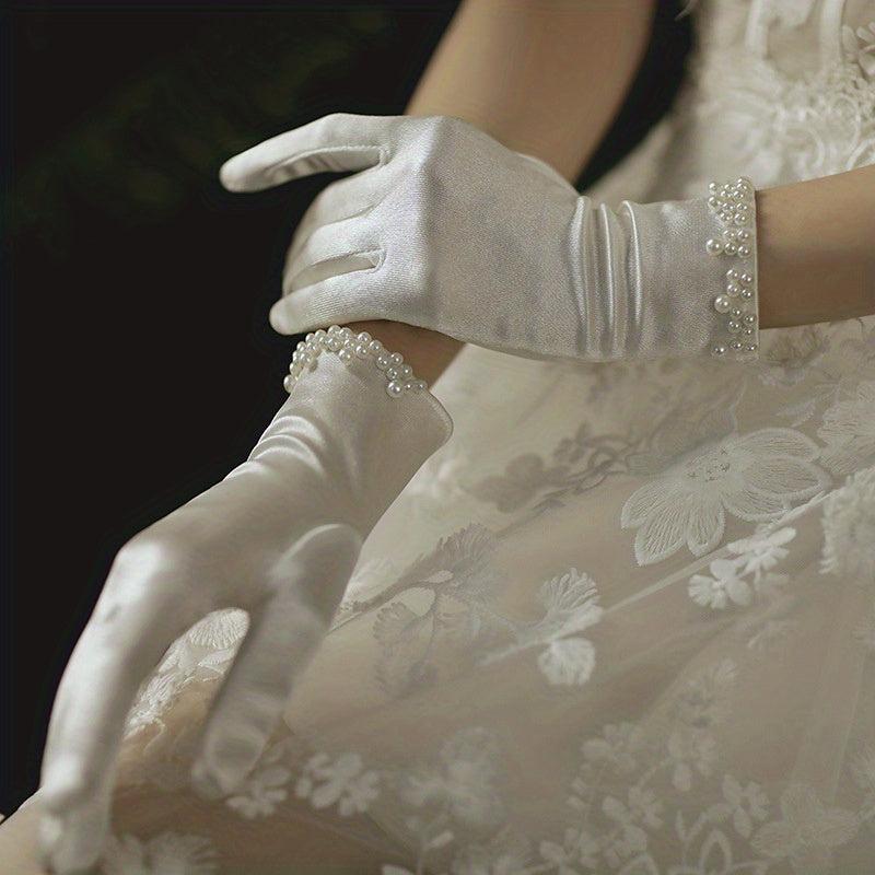 Bride Wedding Gloves Short Satin Soft Gloves Pearl Decoration Gloves