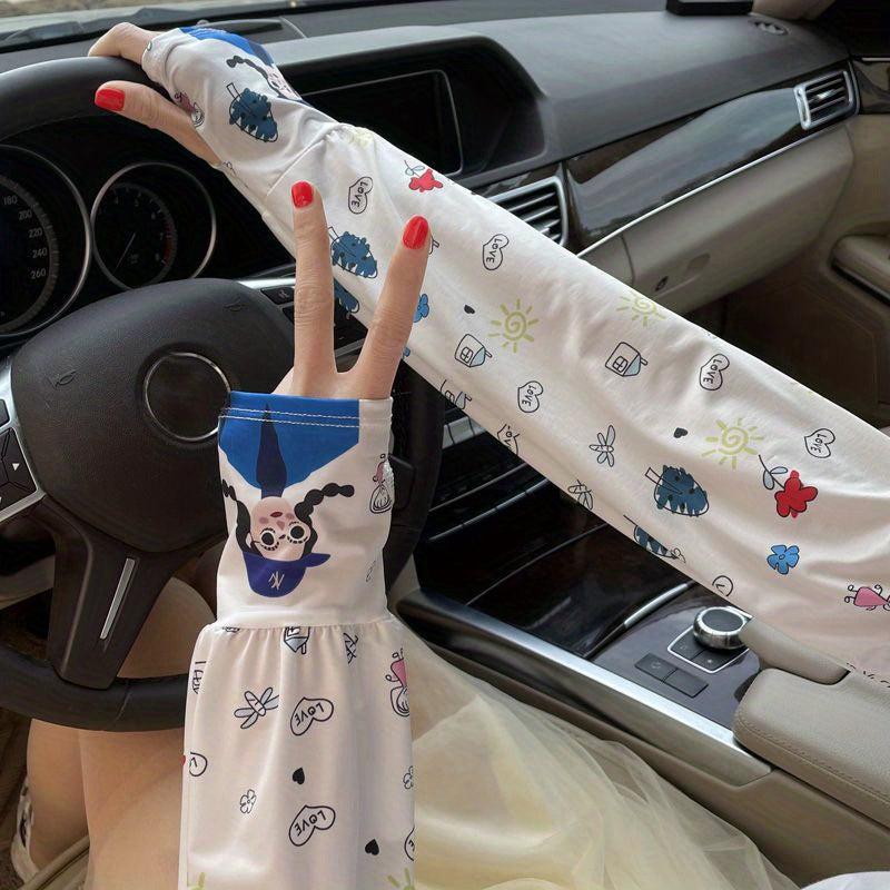 Cartoon Print Sunproof Fingerless Long Gloves for Women
