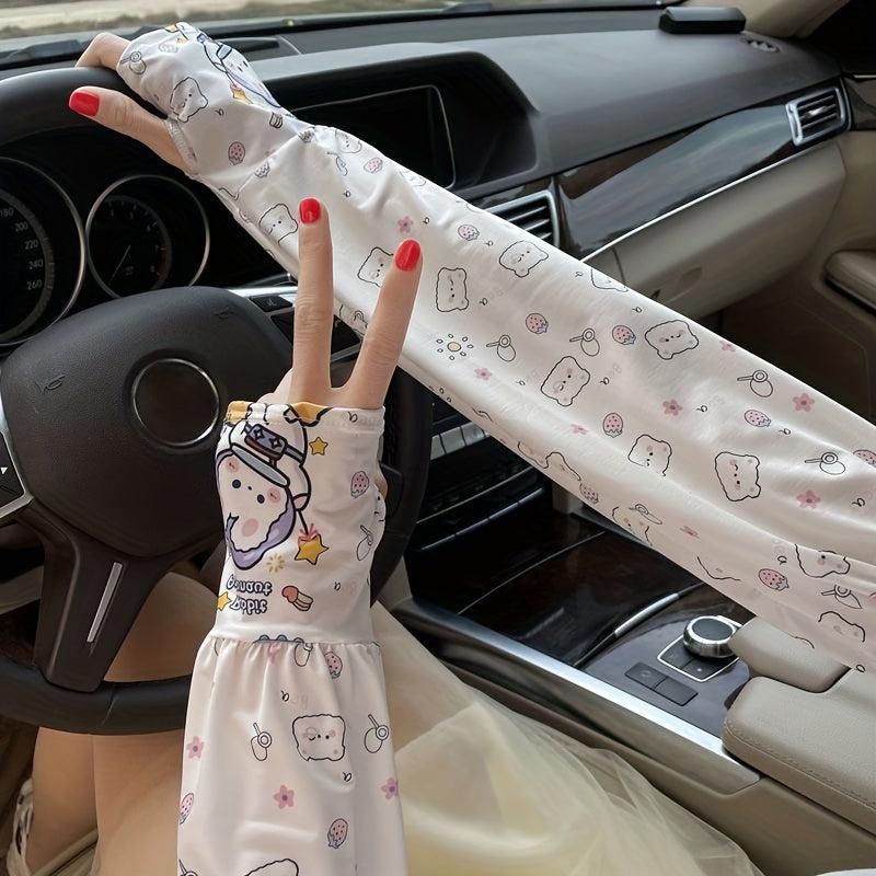 Cartoon Print Sunproof Fingerless Long Gloves for Women