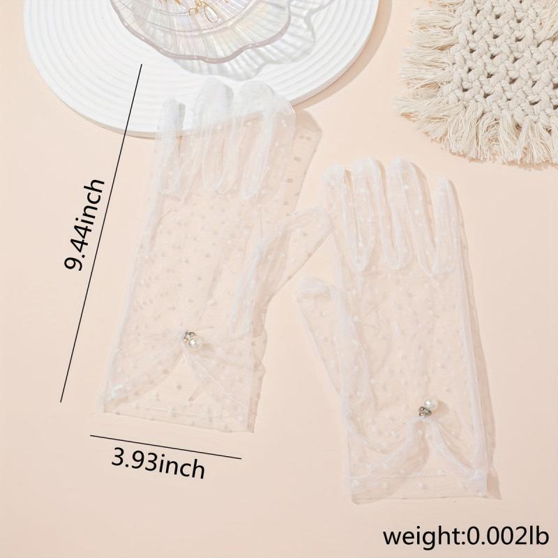 Polka Dot Mesh Gloves Pearl Pendant Decor Wedding Bridal Dress Gloves