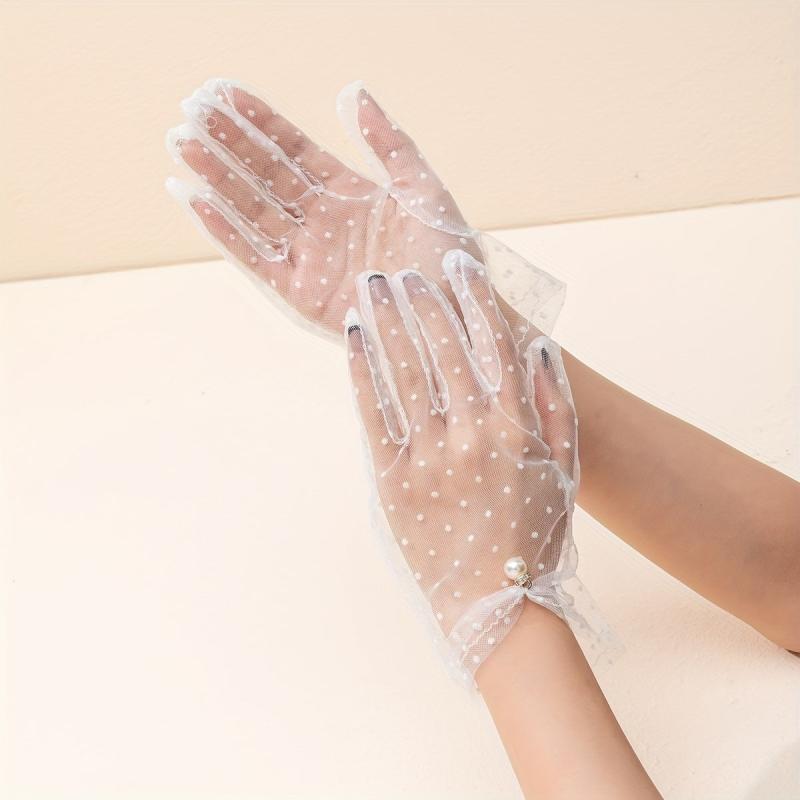 Polka Dot Mesh Gloves Pearl Pendant Decor Wedding Bridal Dress Gloves
