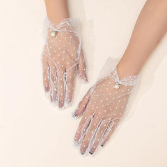 Polka Dot Mesh Gloves Pearl Pendant Decor Wedding Bridal Dress Gloves