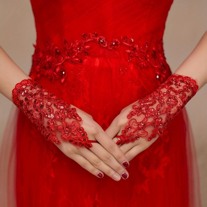 Bridal Wedding Lace Gloves Beaded Short Sequin Gloves