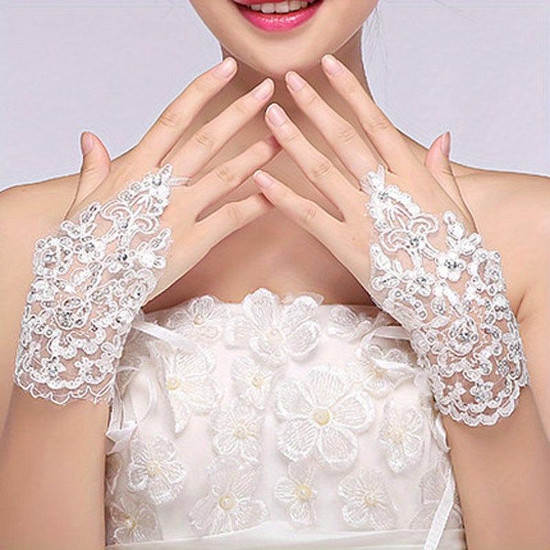 Bridal Wedding Lace Gloves Beaded Short Sequin Gloves