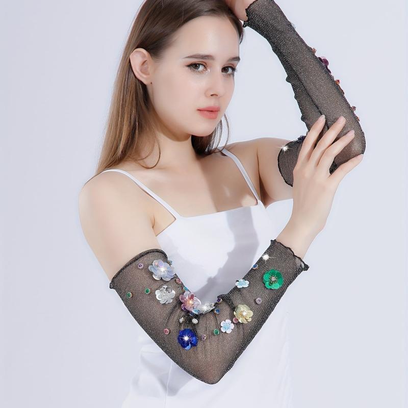 Y2K Sequin Flower Decor Gloves Ruffles Mesh Breathable Dress Women