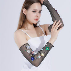 Y2K Sequin Flower Decor Gloves Ruffles Mesh Breathable Dress Women