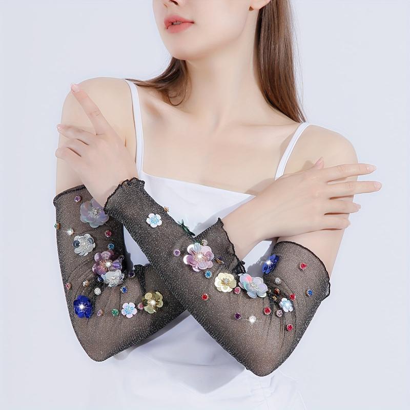 Y2K Sequin Flower Decor Gloves Ruffles Mesh Breathable Dress Women