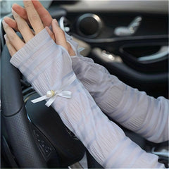 Lace Arm Sleeves Faux Pearl Decor UV Protection Women Gloves
