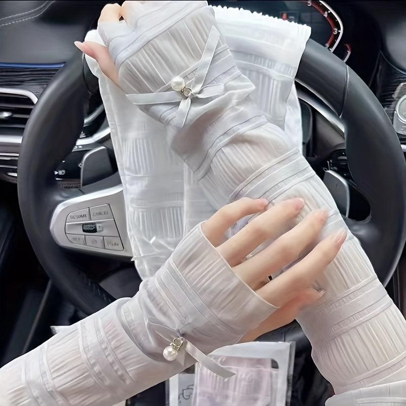 Lace Arm Sleeves Faux Pearl Decor UV Protection Women Gloves