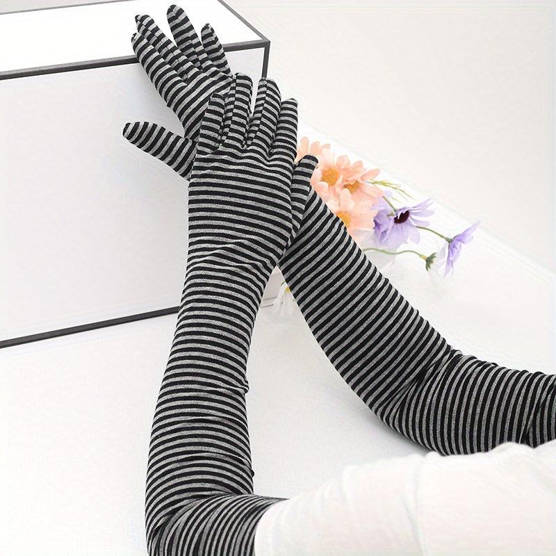 Stripe Sunscreen Gloves Long Arm Elastic Gloves Full Fingerless UV Protection