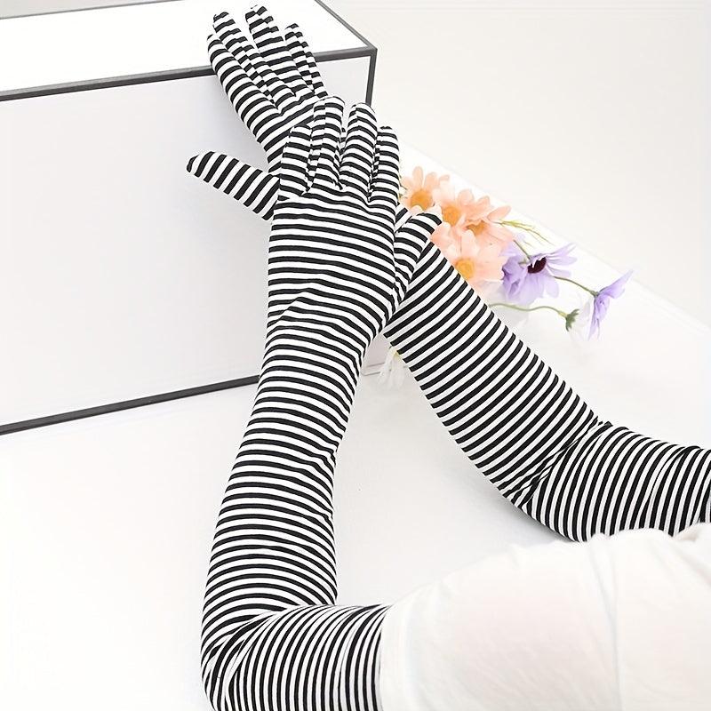Stripe Sunscreen Gloves Long Arm Elastic Gloves Full Fingerless UV Protection