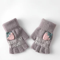 Embroidered Strawberry Fingerless Knit Gloves