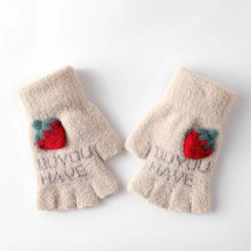 Embroidered Strawberry Fingerless Knit Gloves