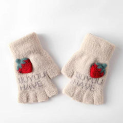 Embroidered Strawberry Fingerless Knit Gloves
