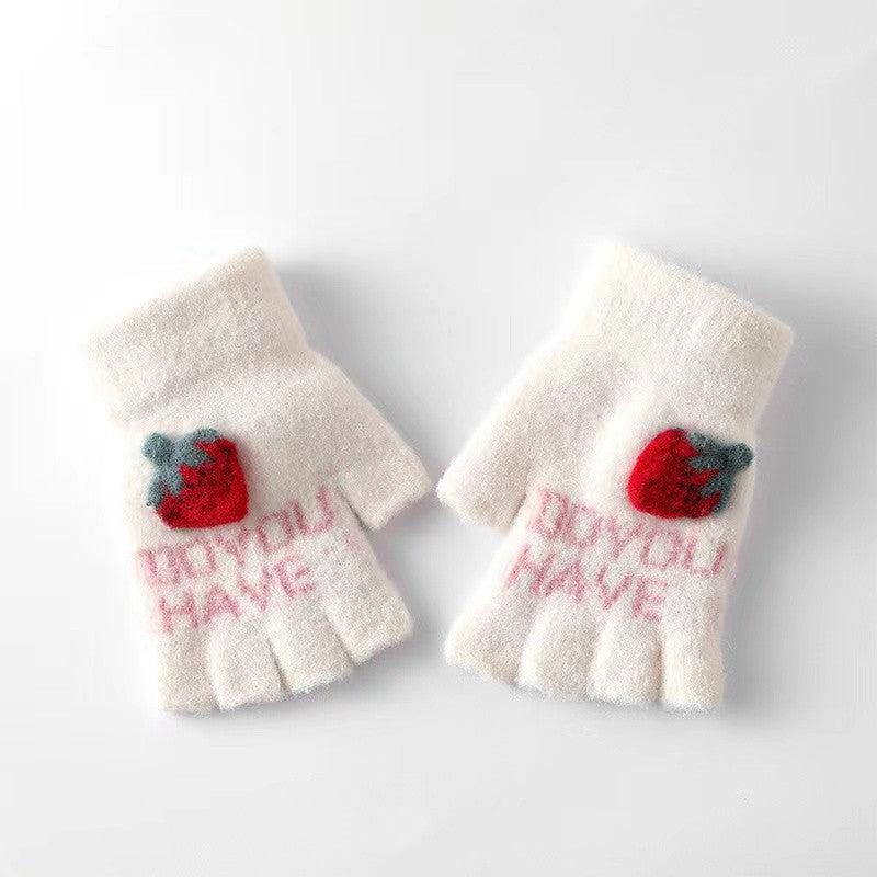 Embroidered Strawberry Fingerless Knit Gloves
