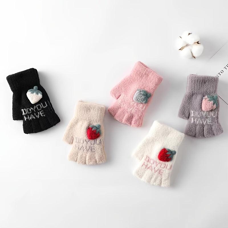 Embroidered Strawberry Fingerless Knit Gloves