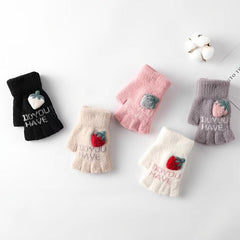 Embroidered Strawberry Fingerless Knit Gloves