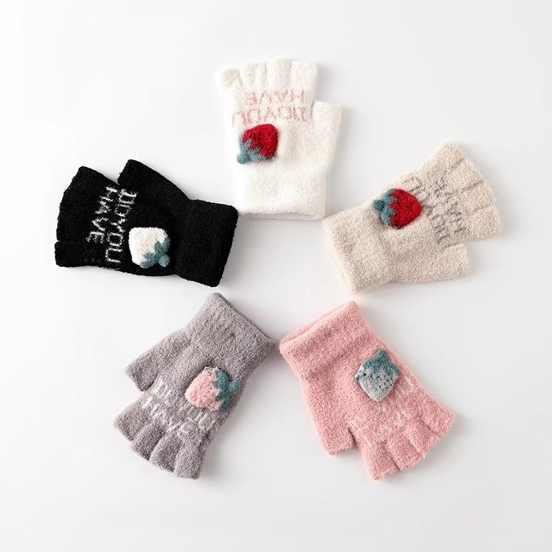 Embroidered Strawberry Fingerless Knit Gloves