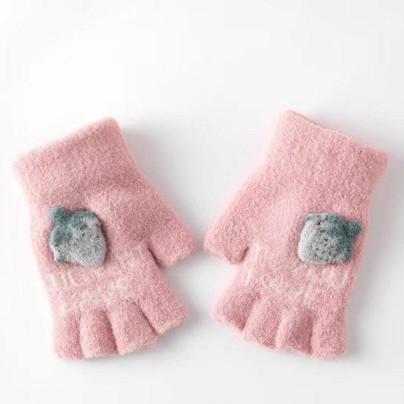 Embroidered Strawberry Fingerless Knit Gloves