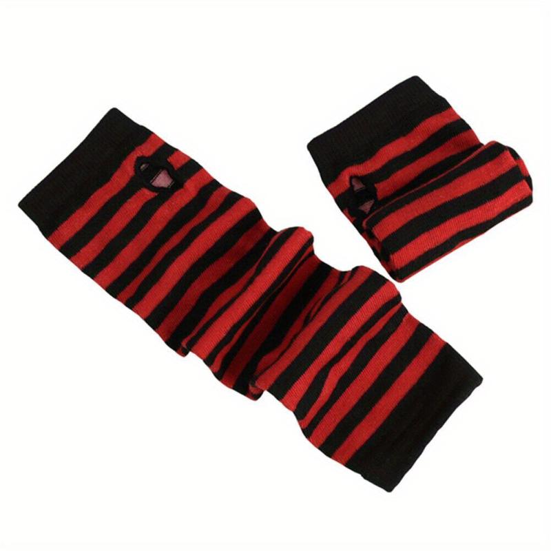 Striped Knitted Gloves Fingerless Arm Warm Long Sleeve With Thumb Hole for Women