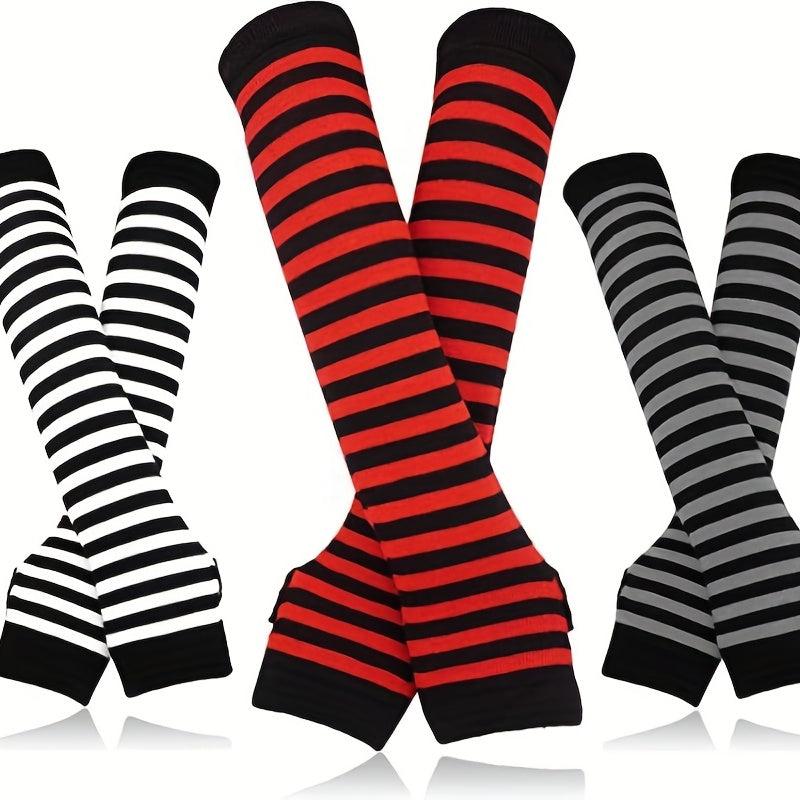 Striped Knitted Gloves Fingerless Arm Warm Long Sleeve With Thumb Hole for Women