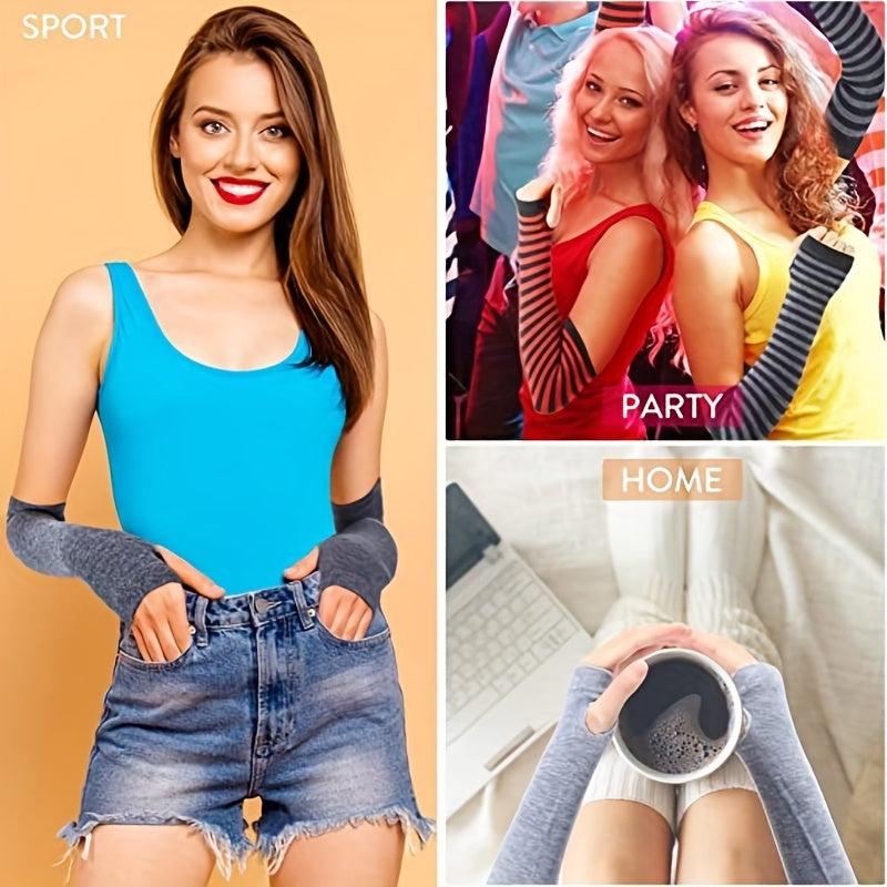 Striped Knitted Gloves Fingerless Arm Warm Long Sleeve With Thumb Hole for Women
