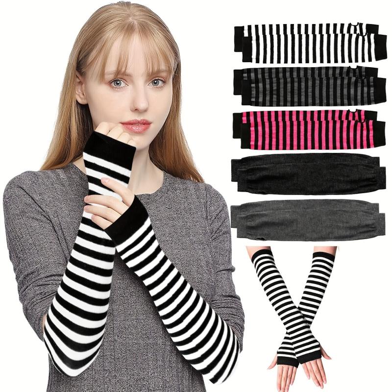 Striped Knitted Gloves Fingerless Arm Warm Long Sleeve With Thumb Hole for Women