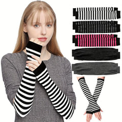 Striped Knitted Gloves Fingerless Arm Warm Long Sleeve With Thumb Hole for Women