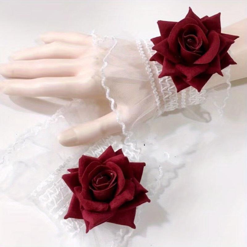 Rose Decor Lace Wrist Sleeve Ruffle Pleated Flared Gothic Decorated Accessories
