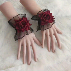 Rose Decor Lace Wrist Sleeve Ruffle Pleated Flared Gothic Decorated Accessories