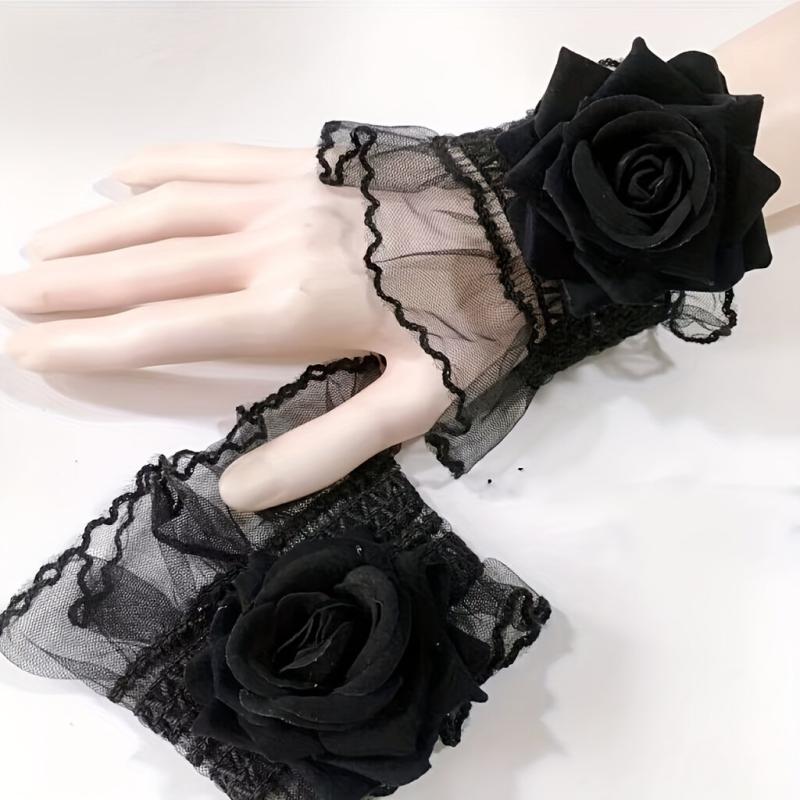 Rose Decor Lace Wrist Sleeve Ruffle Pleated Flared Gothic Decorated Accessories