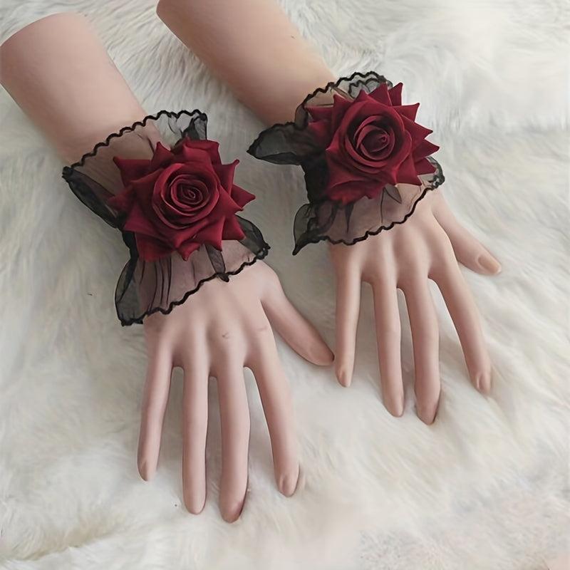 Rose Decor Lace Wrist Sleeve Ruffle Pleated Flared Gothic Decorated Accessories